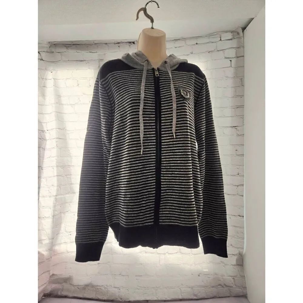 Ed Hardy Unisex Size Large Grey/Black Stripe Wool Blend Full Zip Hooded Sweater